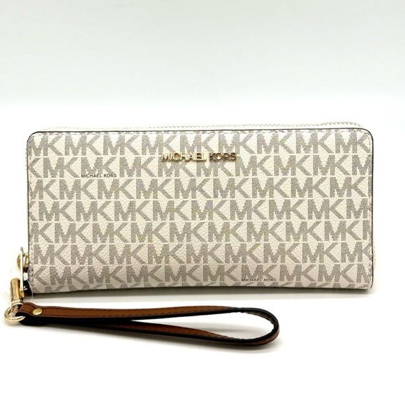 Michael Kors Large Travel Continental Wallet Wristlet Vanilla/Brown - Picture 1 of 9